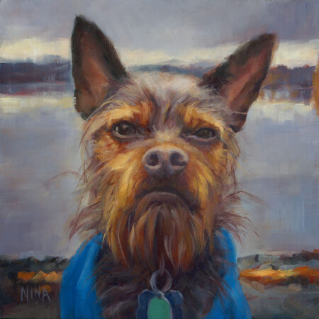 Painting of a grumpy dog.