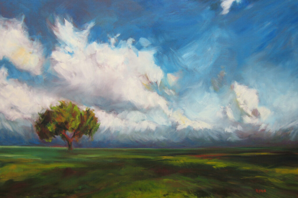 Painting of a field with tree and cloudy skies.