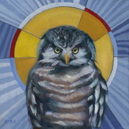 Painting of an owl with a halo.