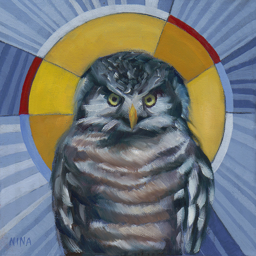 Painting of an owl with a halo.