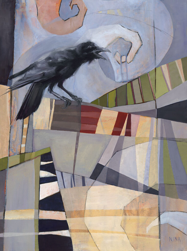 Painting of a crow on an abstracted geometric background.