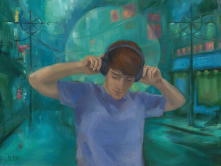 Painting of a young man listening to headphones in a city.