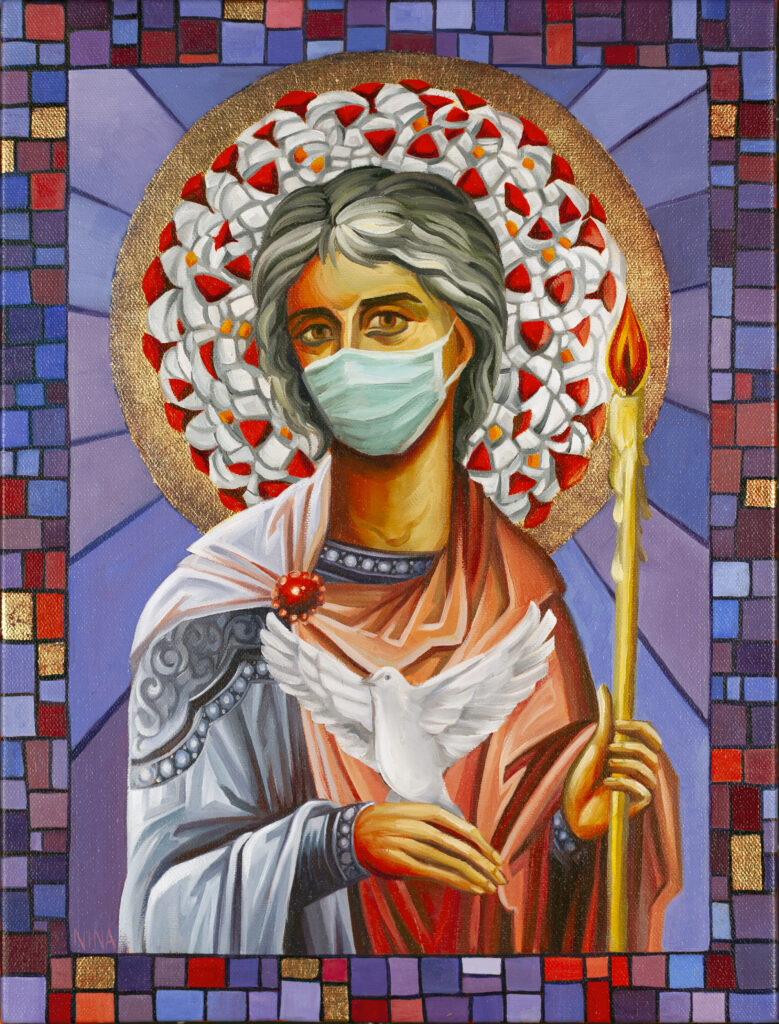 Painting of a Saint with a Corona Virus molecule in her halo