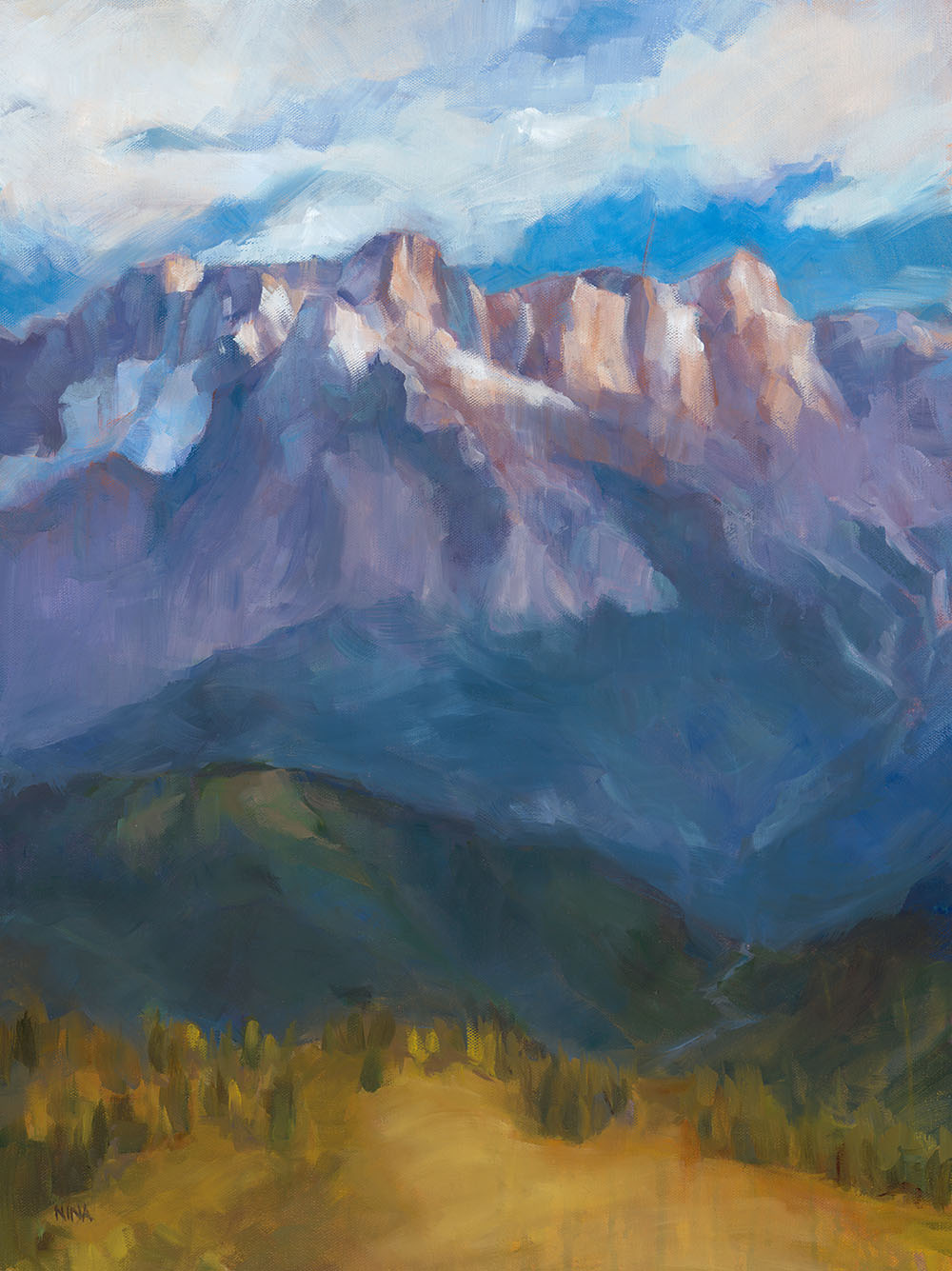 Painting of mountains and big sky.