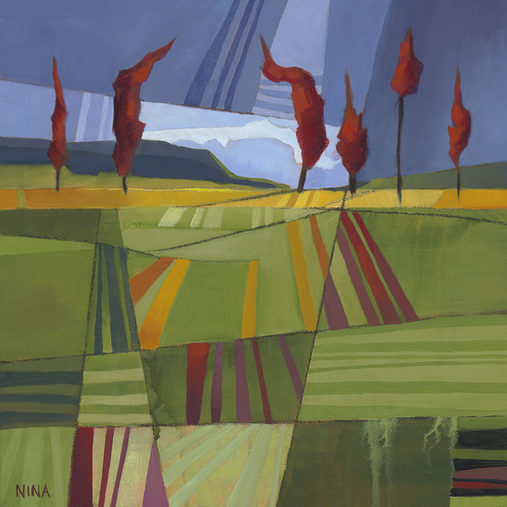 Painting of green striped hillside with red trees.