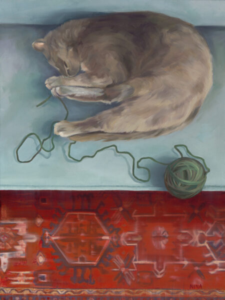 Painting of a large gray cat napping beside a ball of yarn.