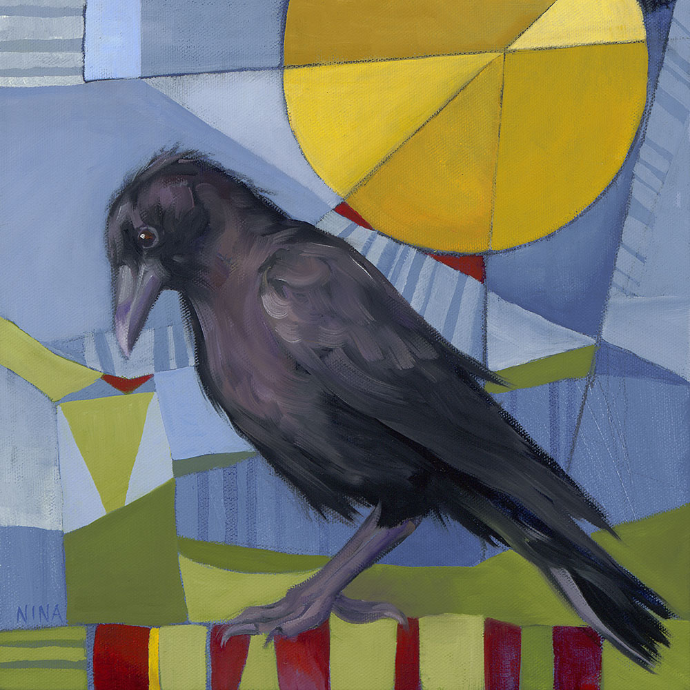 Painting of a small black crow.