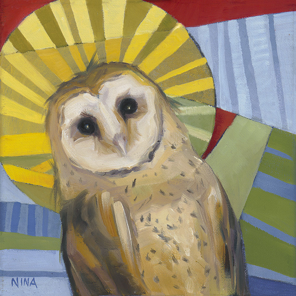 Painting of a small owl with a halo.