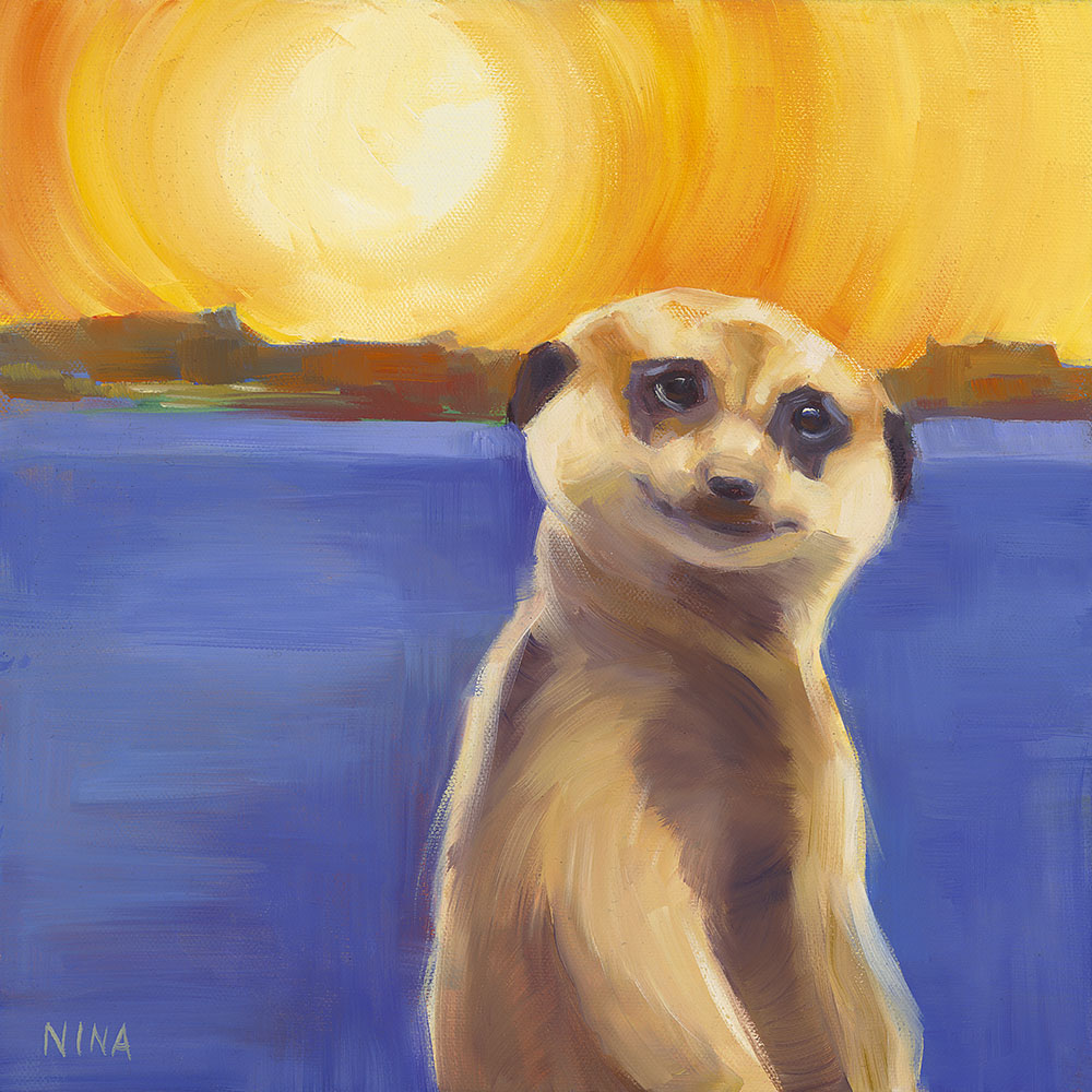 Painting of a meerkat in front of a landscape.