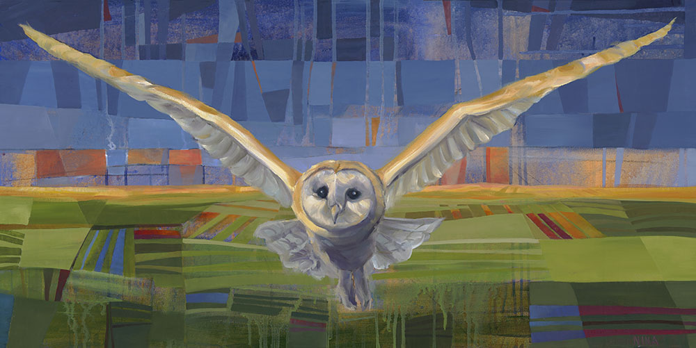 Painting of an owl in flight over fields.