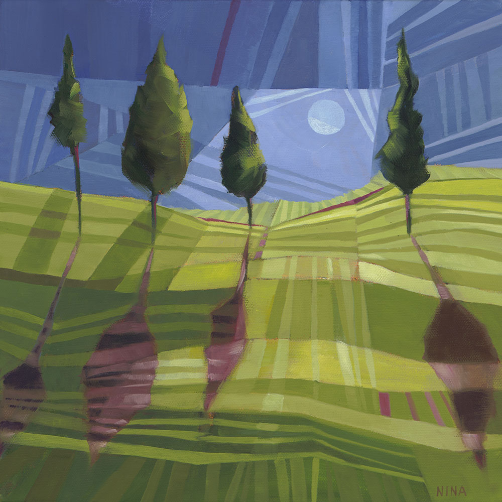 Painting of a striped hillside with trees and shadows in the moonlight.