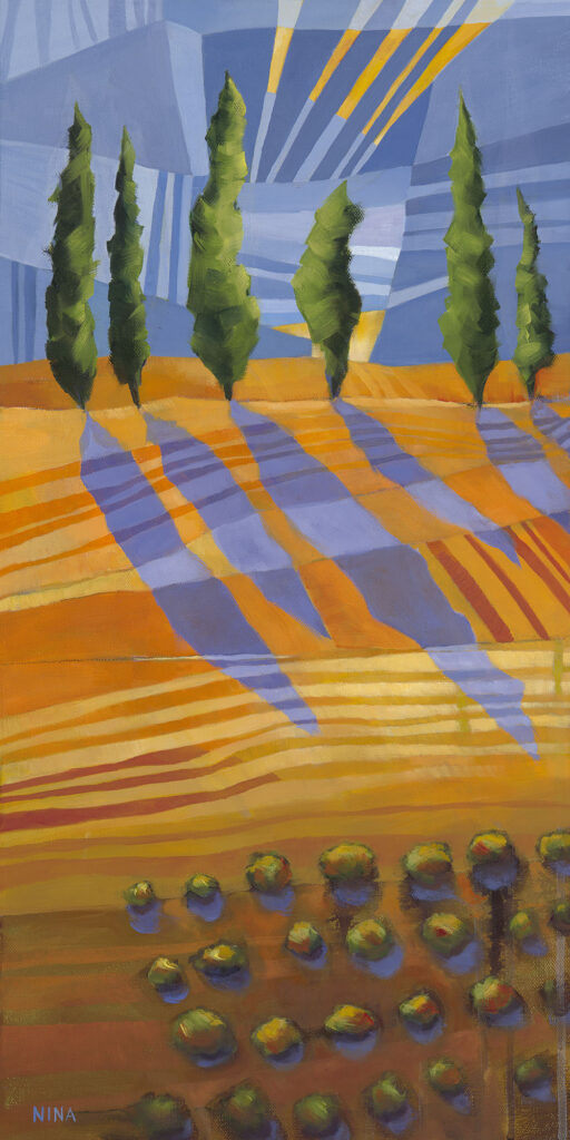 Painting of trees on orange striped fields.