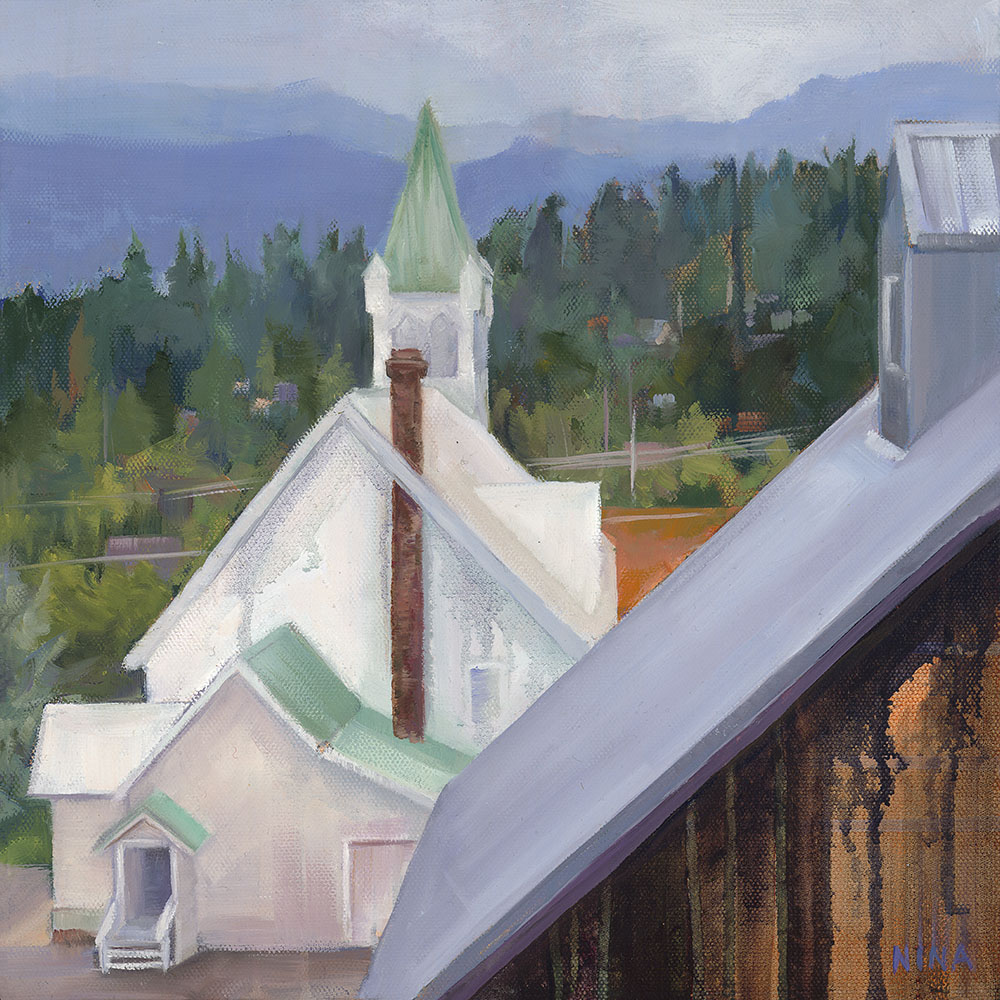 Painting of rooftops in Roslyn Washington.