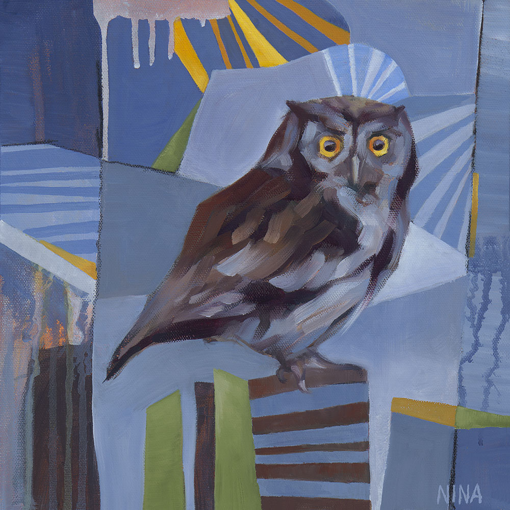 Painting of a small screech owl.