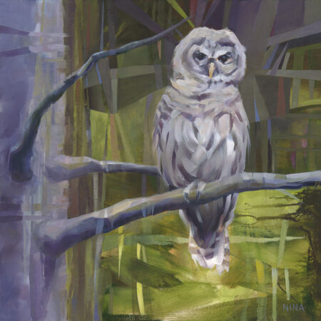 Painting of an owl in a forest.