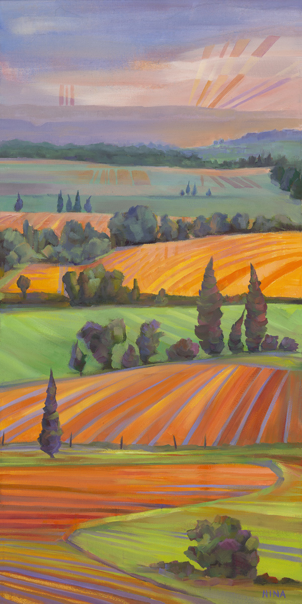 Painting of fields at sunset.