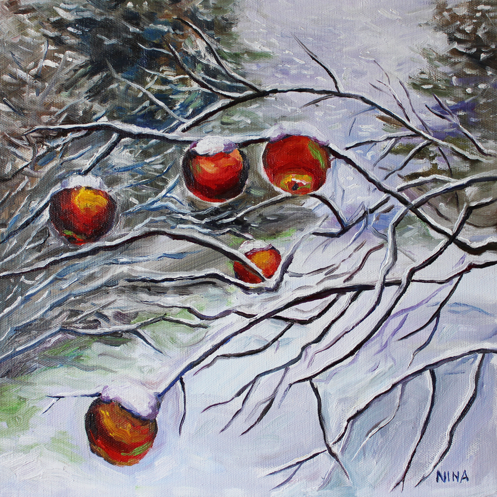 Painting of apples hanging on branches in the snow.