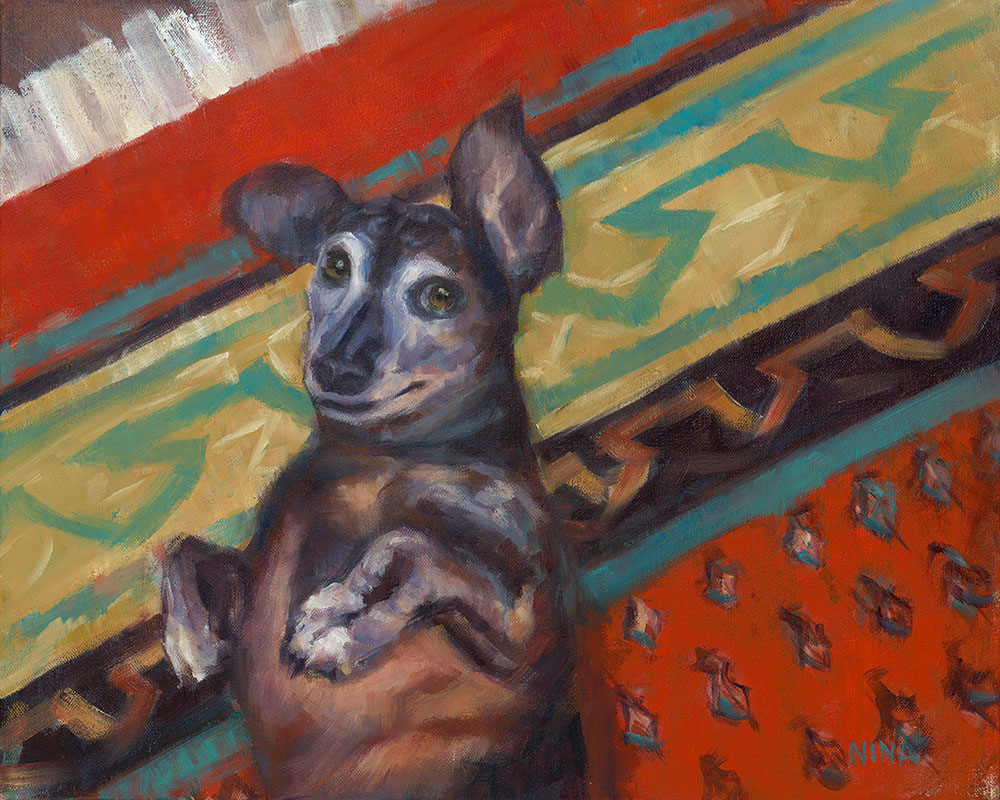 Painting of a dachshund lying on a Persian rug.