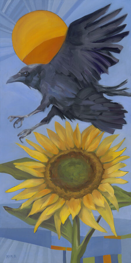 Painting of a crow flying over a sunflower.