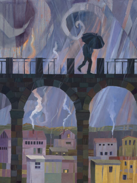 Painting of a figure crossing a bridge on a rainy night.