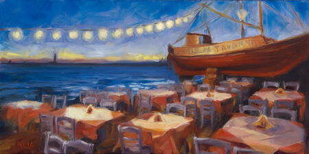 Painting of a Greek Taverna on the water.