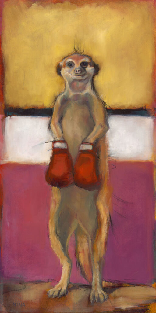 Painting of a meerkat wearing boxing gloves.