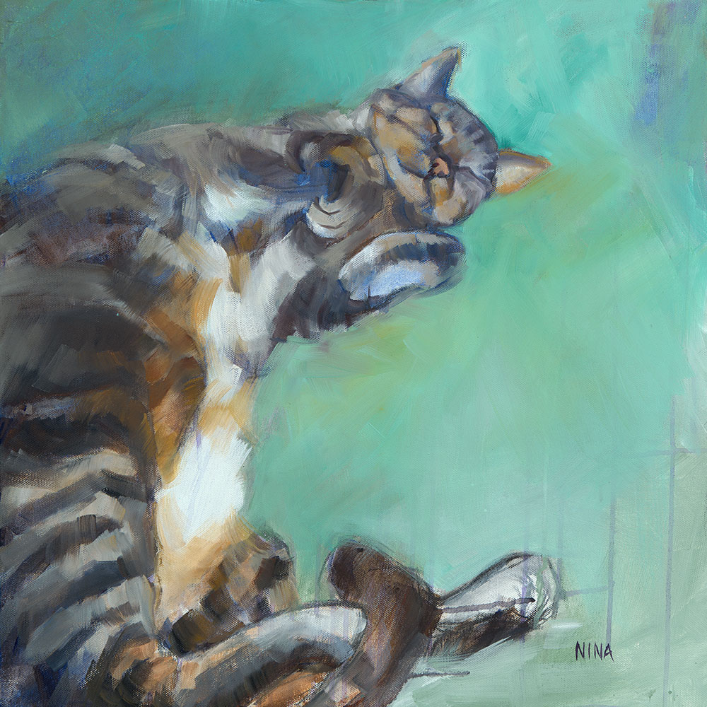 Painting of a cat lying on its back.