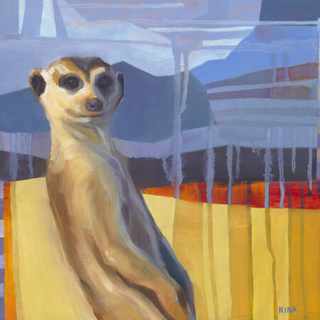 Painting of a sassy meerkat on a striped background.