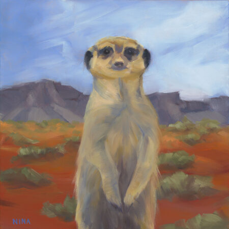 Painting of a meerkat in the desert.