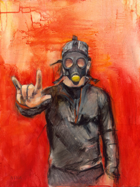 Painting of a man wearing an high altitude face mask.