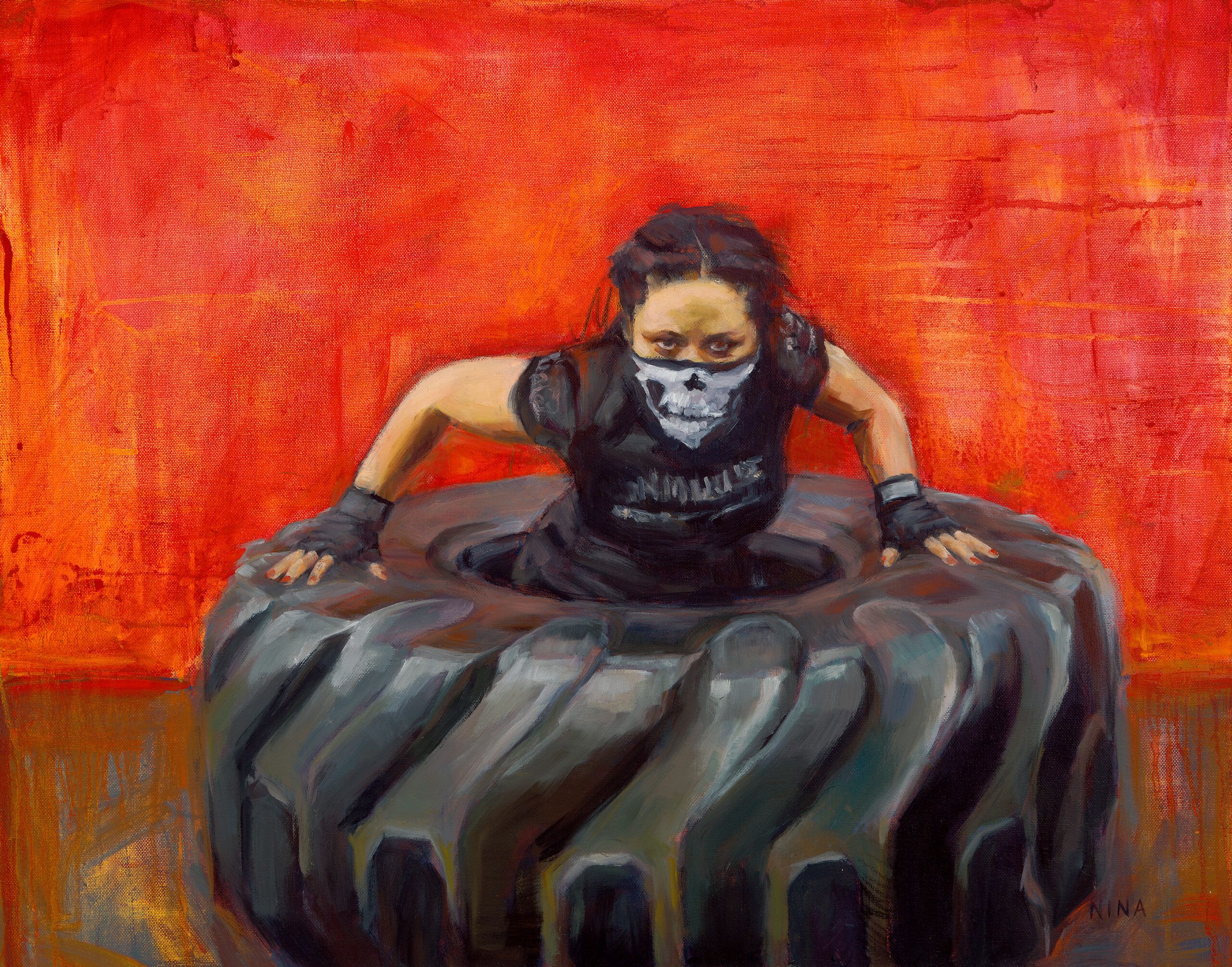 Painting of a female boxer in a tractor tire.