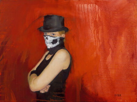 Painting of a female boxer wearing a top hat.