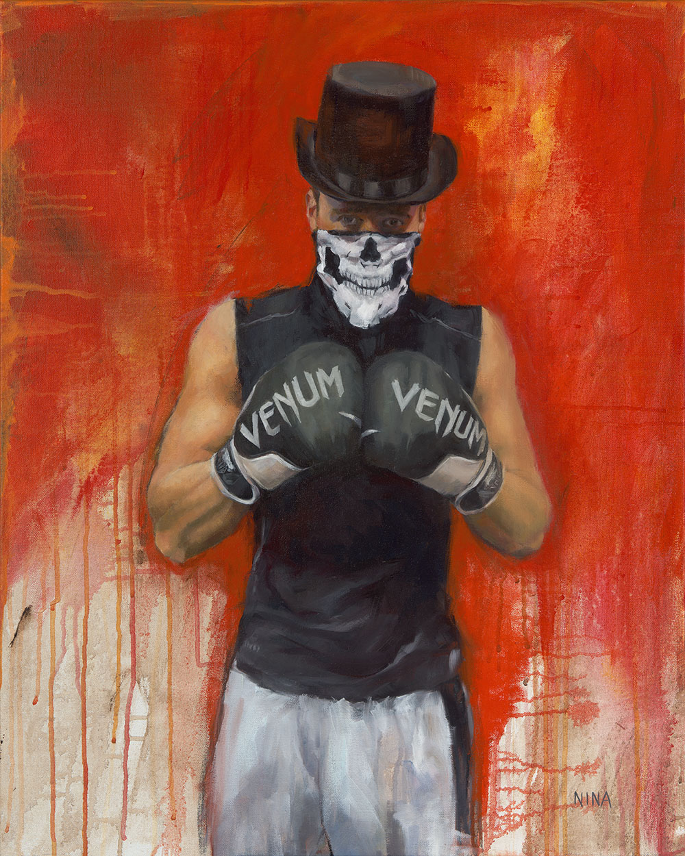 Painting of a male boxer wearing a top hat.