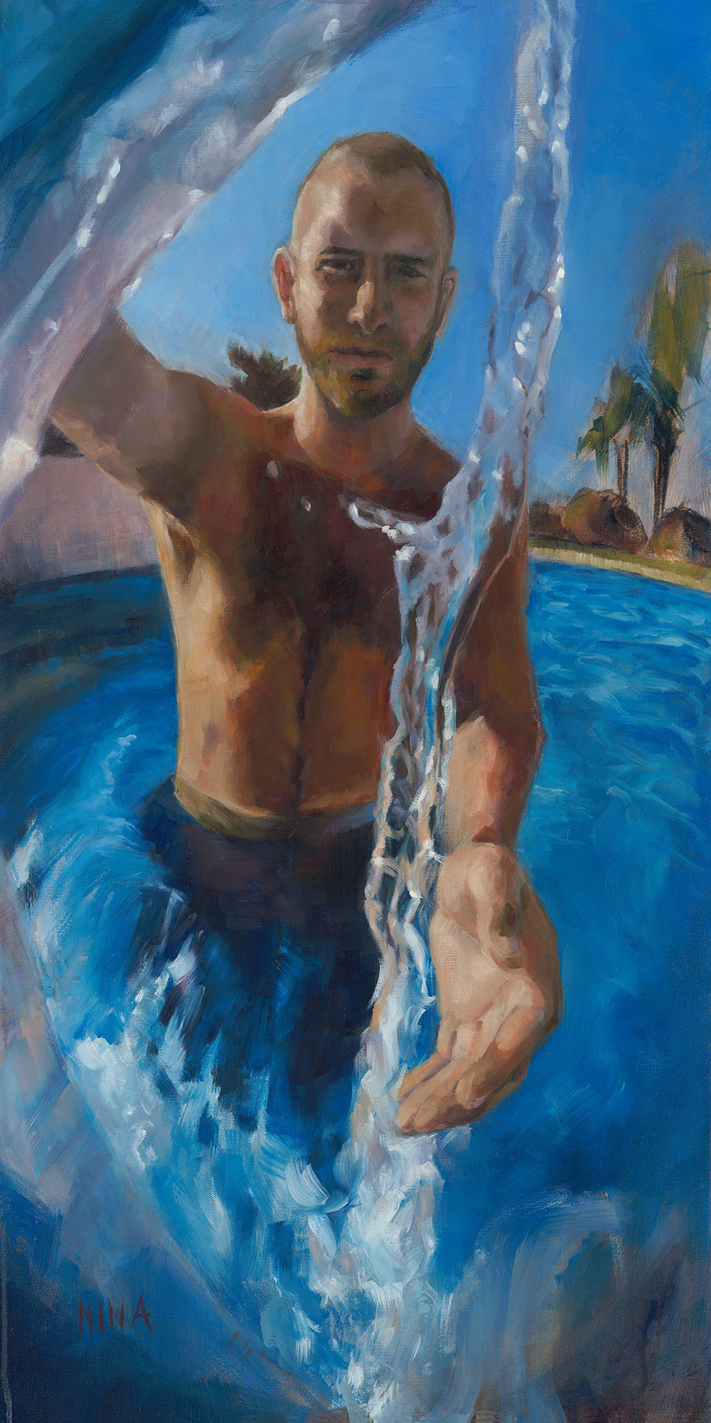 Painting of a man in a swimming pool with water fountain.