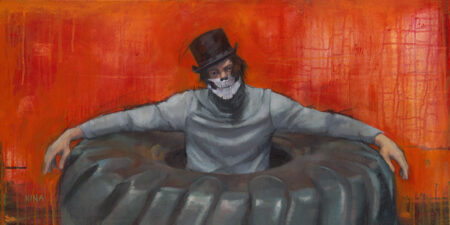 Painting of a man wearing a top hat in a tractor tire.