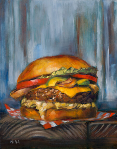 Painting of a giant juicy cheeseburger