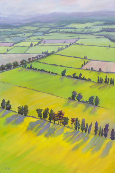 Painting of a vast landscape of fields and rows of trees.